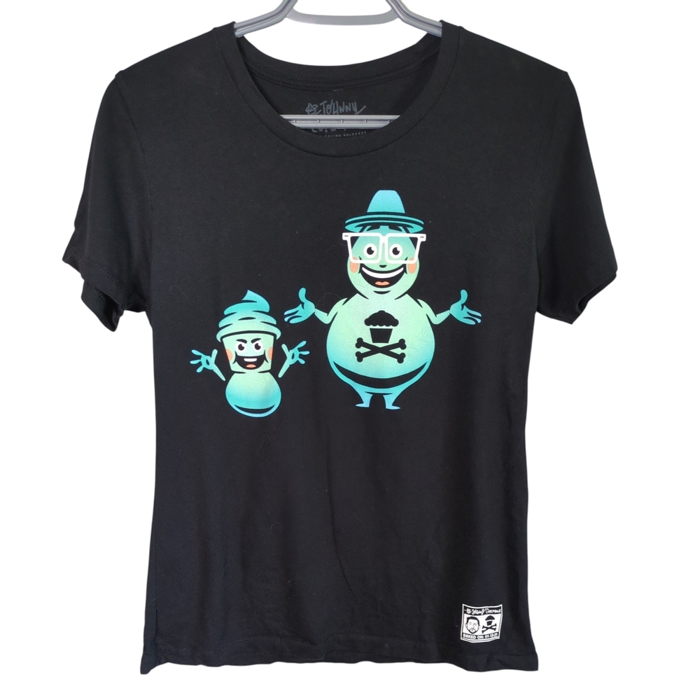 Johnny Cupcakes Black Tee with Blue Front/Back Graphic Women's Size Large